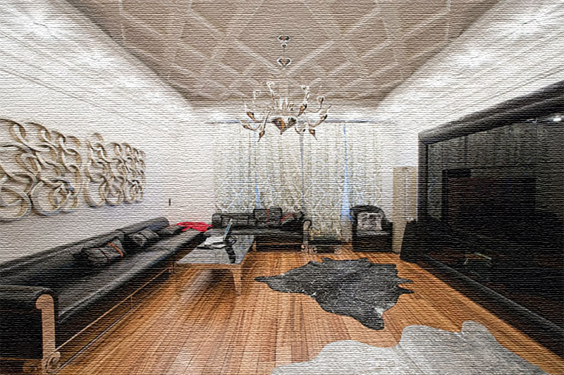 Потолок гостиной украшен белоснежными геометрическими ромбовидными узорами с неоновой подсветкой