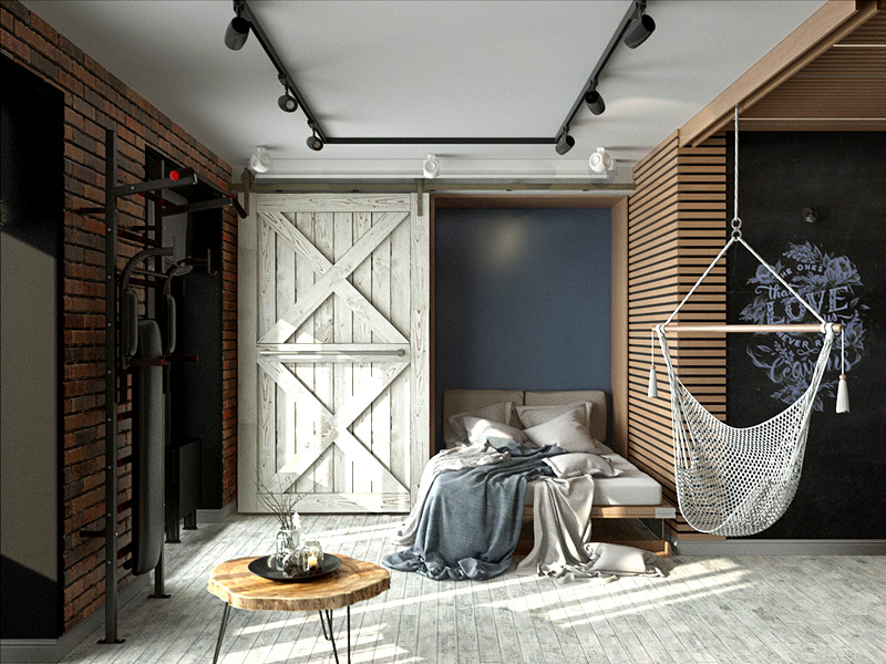 Если вам нравится сочетание стилей лофт и эко, установите в спальне деревянную передвижную дверь