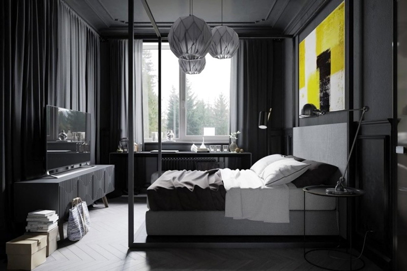 Сделайте спальню лофт в индустриальном стиле, используя матовые чёрные поверхности